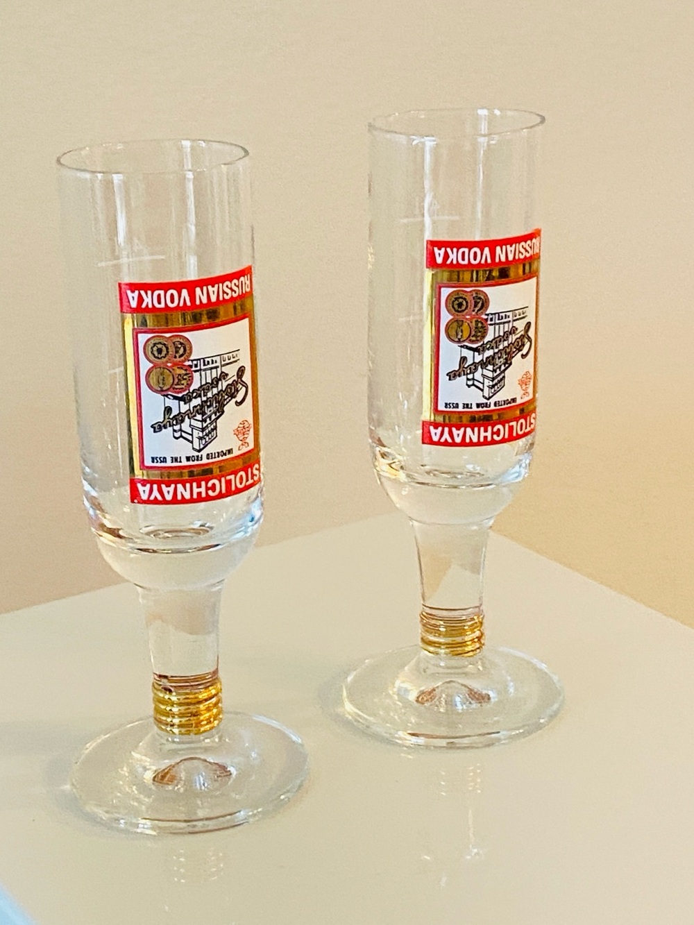 Stolichnaya Russian Vodka Shot Glass - USSR Stemmed Stoli Shooter x2 New